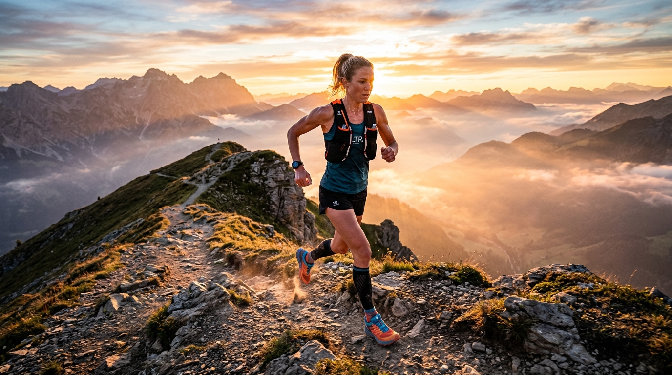 Endurance athlete running on mountain ridge trail at sunrise