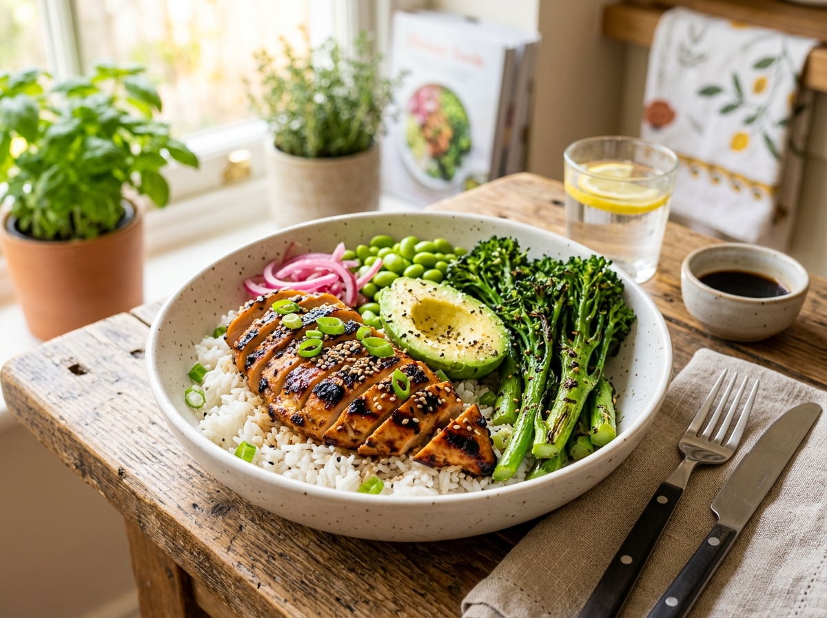Honey-ginger grilled chicken rice bowl