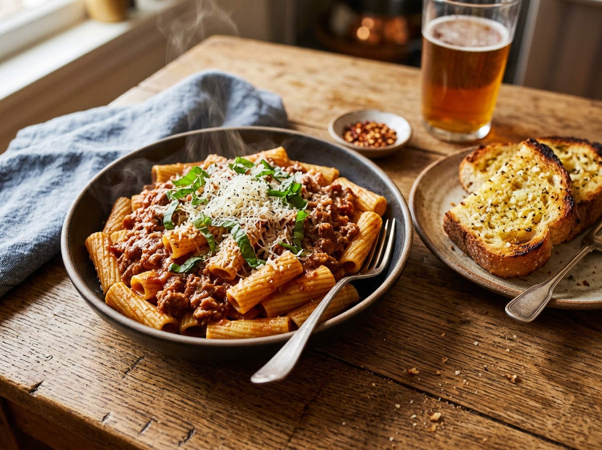 Rigatoni bolognese with garlic sourdough bread