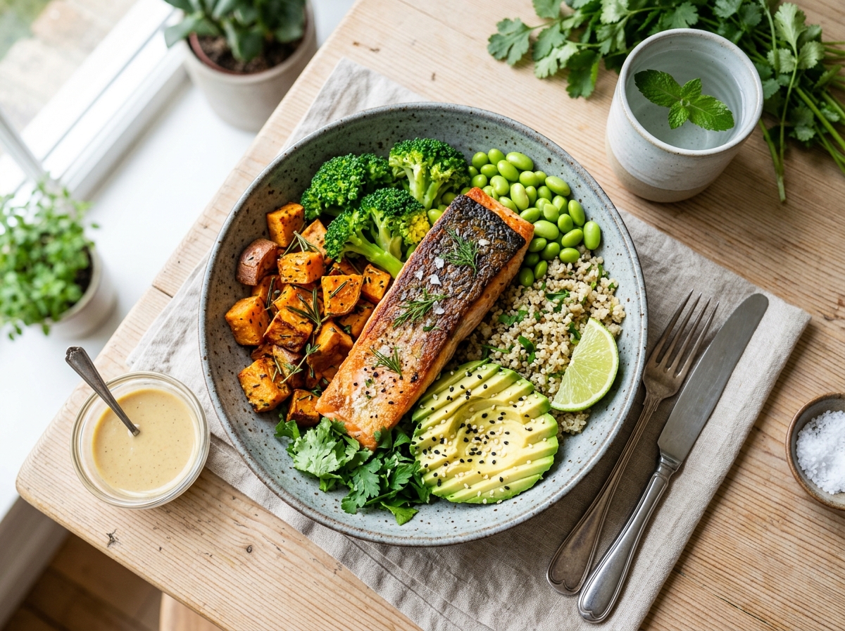 Pan-seared salmon and quinoa bowl