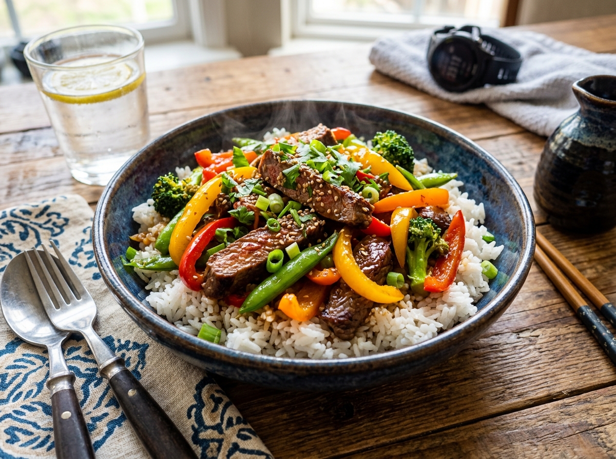Sizzling steak and broccoli stir fry over rice